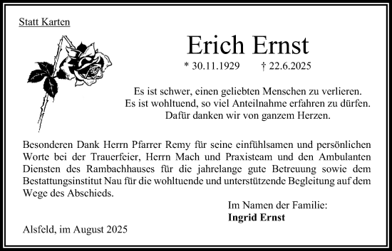 Traueranzeige von Erich Ernst von Oberhessische Zeitung