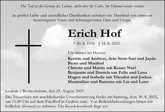 Traueranzeige von Erich Hof von Kreis-Anzeiger