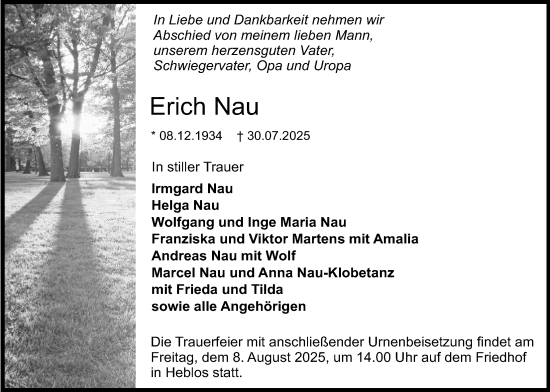 Traueranzeige von Erich Nau von Lauterbacher Anzeiger