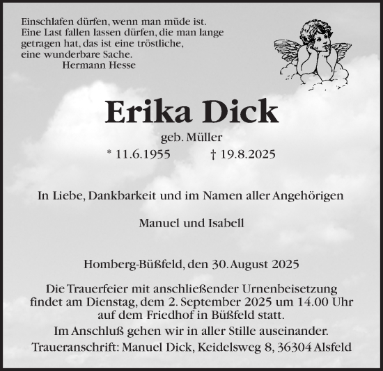 Traueranzeige von Erika Dick von Alsfelder Allgemeine, Oberhessische Zeitung