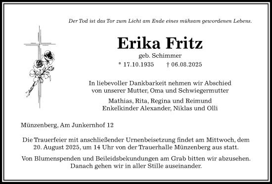 Traueranzeige von Erika Fritz von Butzbacher Zeitung