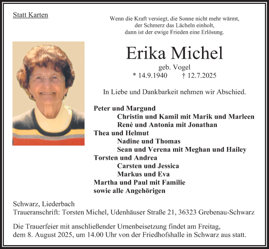Traueranzeige von Erika Michel von Oberhessische Zeitung