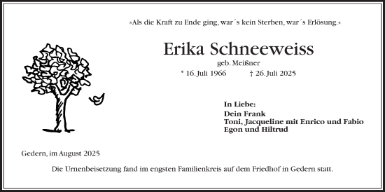 Traueranzeige von Erika Schneeweiss von Kreis-Anzeiger