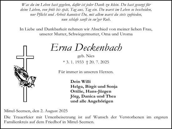 Traueranzeige von Erna Deckenbach von Kreis-Anzeiger