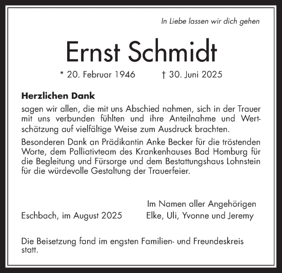 Traueranzeige von Ernst Schmidt von Usinger Anzeiger