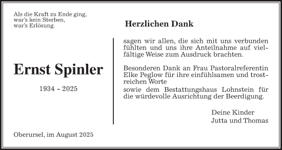 Traueranzeige von Ernst Spinler von Usinger Anzeiger