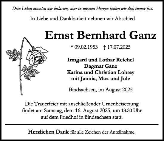Traueranzeige von Ernst Bernhard Ganz von Kreis-Anzeiger