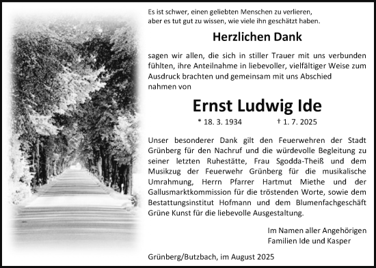 Traueranzeige von Ernst Ludwig Ide von Heimatzeitung Grünberg + Laubach, Giessener Allgemeine, Alsfelder Allgemeine, Giessener Anzeiger