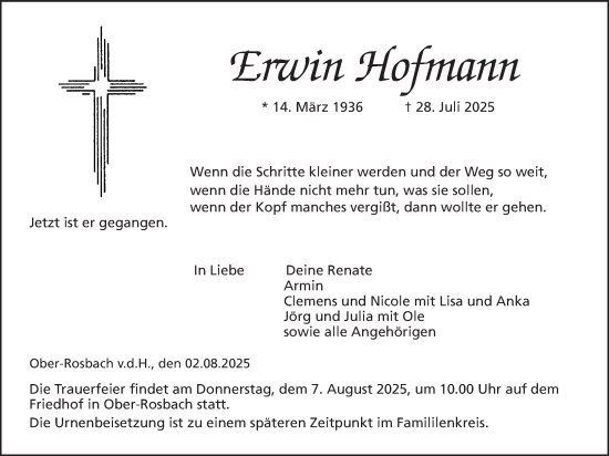 Traueranzeige von Erwin Hofmann von Wetterauer Zeitung