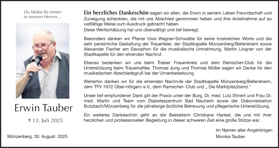 Traueranzeige von Erwin Tauber von Butzbacher Zeitung