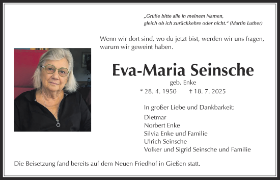 Traueranzeige von Eva-Maria Seinsche von Giessener Allgemeine, Alsfelder Allgemeine, Giessener Anzeiger