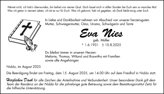 Traueranzeige von Eva Nies von Kreis-Anzeiger