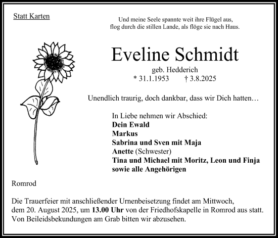 Traueranzeige von Eveline Schmidt von Oberhessische Zeitung