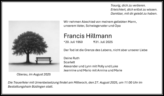Traueranzeige von Francis Hillmann von Kreis-Anzeiger