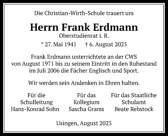 Traueranzeige von Frank Erdmann von Usinger Anzeiger