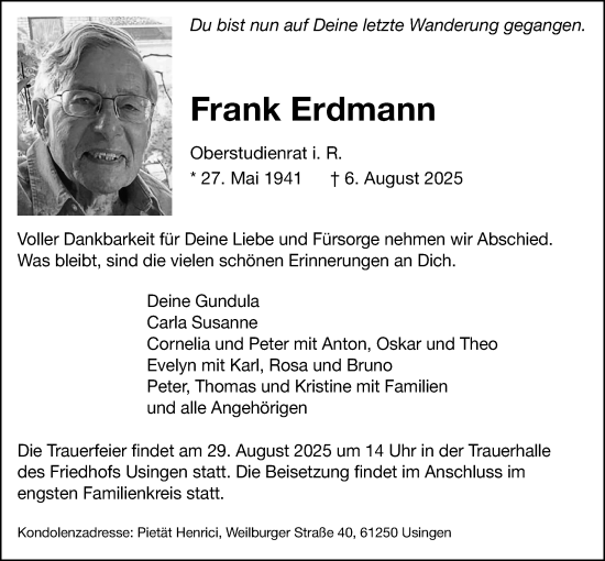 Traueranzeige von Frank Erdmann von Usinger Anzeiger