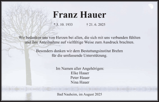 Traueranzeige von Franz Hauer von Wetterauer Zeitung