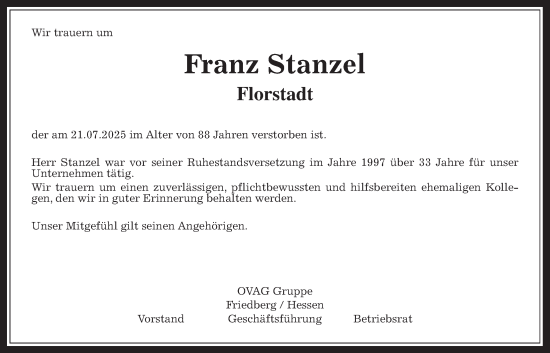 Traueranzeige von Franz Stanzel von Wetterauer Zeitung