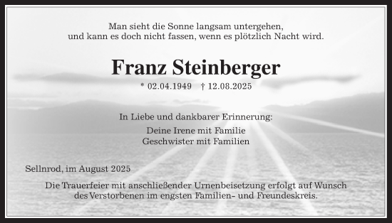 Traueranzeige von Franz Steinberger von Giessener Allgemeine, Alsfelder Allgemeine