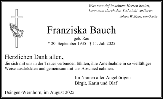 Traueranzeige von Franziska Bauch von Usinger Anzeiger