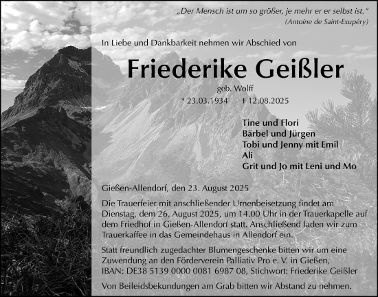 Traueranzeige von Friederike Geißler von Giessener Anzeiger, Giessener Allgemeine, Alsfelder Allgemeine