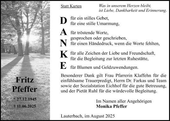 Traueranzeige von Fritz Pfeffer von Lauterbacher Anzeiger