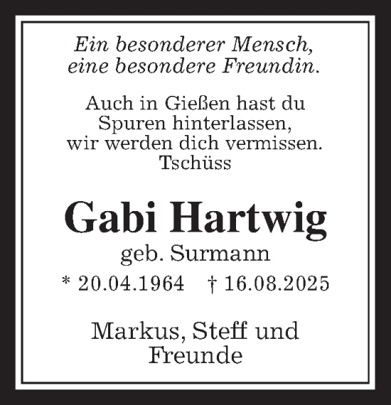 Traueranzeige von Gabi Hartwig von Giessener Allgemeine, Alsfelder Allgemeine, Wetterauer Zeitung