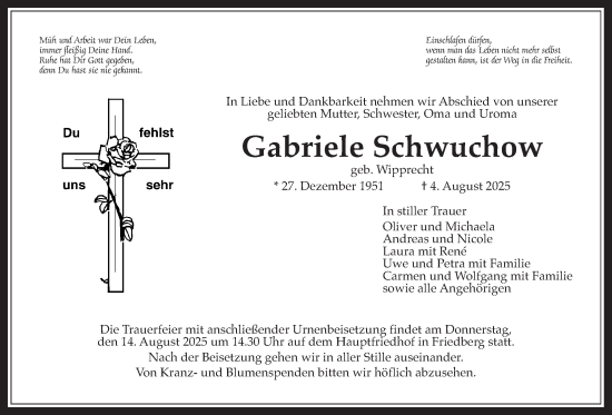 Traueranzeige von Gabriele Schwuchow von Wetterauer Zeitung