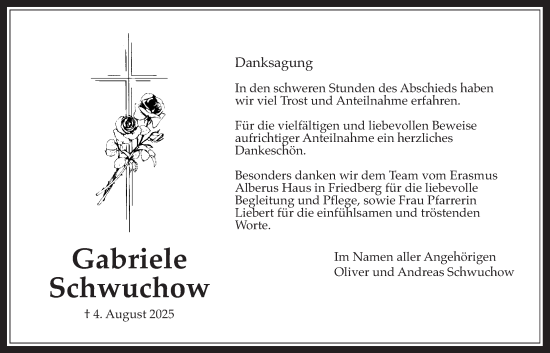 Traueranzeige von Gabriele Schwuchow von Wetterauer Zeitung