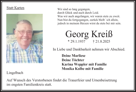 Traueranzeige von Georg Kreiß von Oberhessische Zeitung