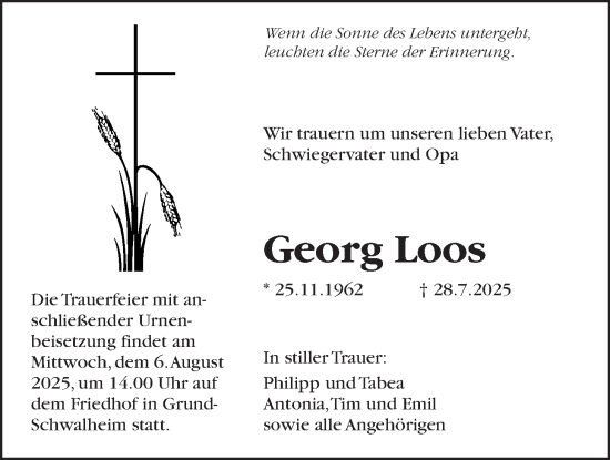Traueranzeige von Georg Loos von Wetterauer Zeitung, Wetterauer Zeitung