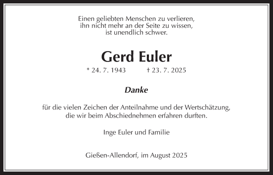 Traueranzeige von Gerd Euler von Giessener Anzeiger, Giessener Allgemeine, Alsfelder Allgemeine