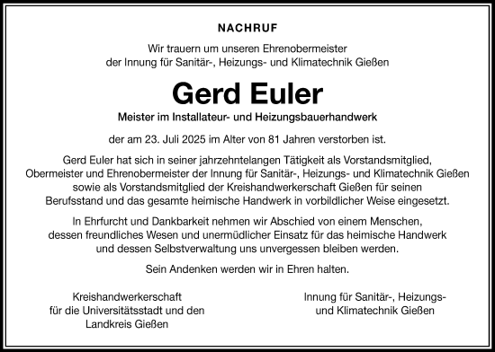 Traueranzeige von Gerd Euler von Giessener Allgemeine, Alsfelder Allgemeine, Giessener Anzeiger