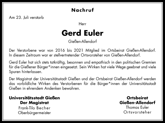 Traueranzeige von Gerd Euler von Giessener Allgemeine, Alsfelder Allgemeine, Giessener Anzeiger