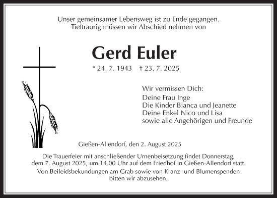 Traueranzeige von Gerd Euler von Giessener Allgemeine, Alsfelder Allgemeine, Giessener Anzeiger