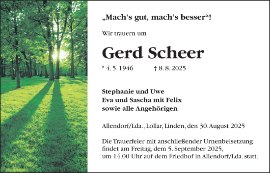 Traueranzeige von Gerd Scheer von Giessener Allgemeine, Alsfelder Allgemeine