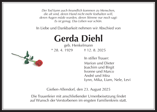 Traueranzeige von Gerda Diehl von Giessener Allgemeine, Alsfelder Allgemeine