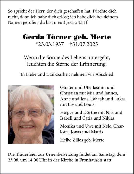 Traueranzeige von Gerda Törner von Giessener Allgemeine, Alsfelder Allgemeine