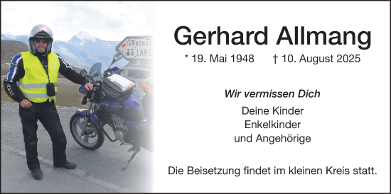Traueranzeige von Gerhard Allmang von Wetterauer Zeitung, Giessener Allgemeine, Alsfelder Allgemeine