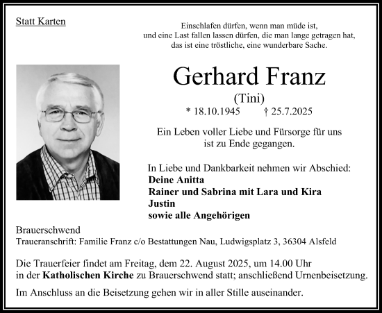 Traueranzeige von Gerhard Franz von Oberhessische Zeitung