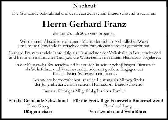 Traueranzeige von Gerhard Franz von Oberhessische Zeitung
