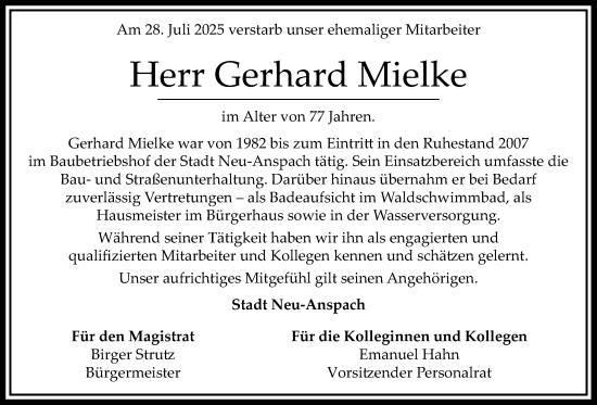 Traueranzeige von Gerhard Mielke von Usinger Anzeiger