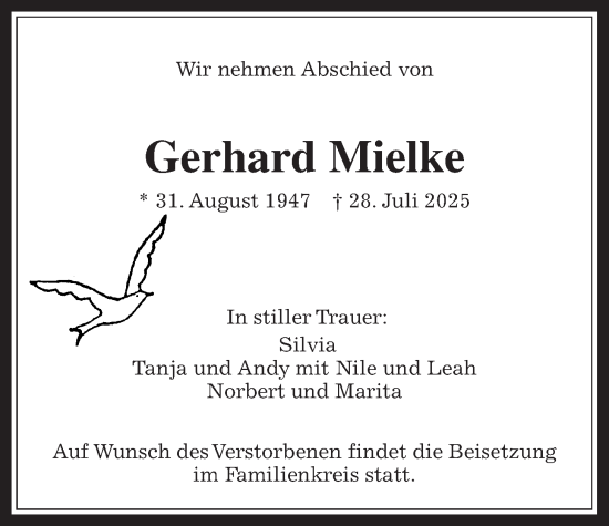 Traueranzeige von Gerhard Mielke von Usinger Anzeigenblatt