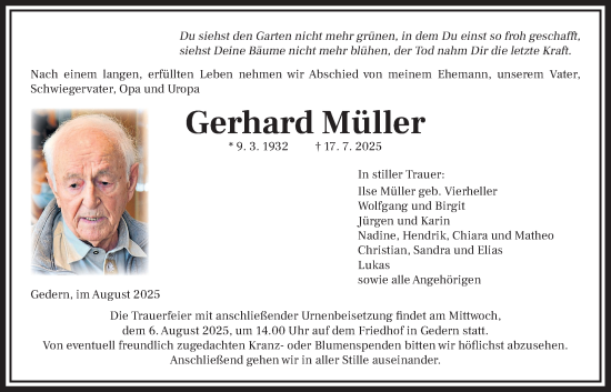 Traueranzeige von Gerhard Müller von Kreis-Anzeiger