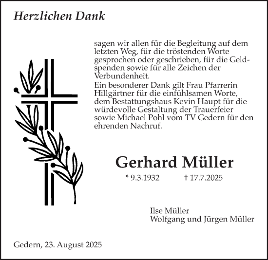 Traueranzeige von Gerhard Müller von Kreis-Anzeiger