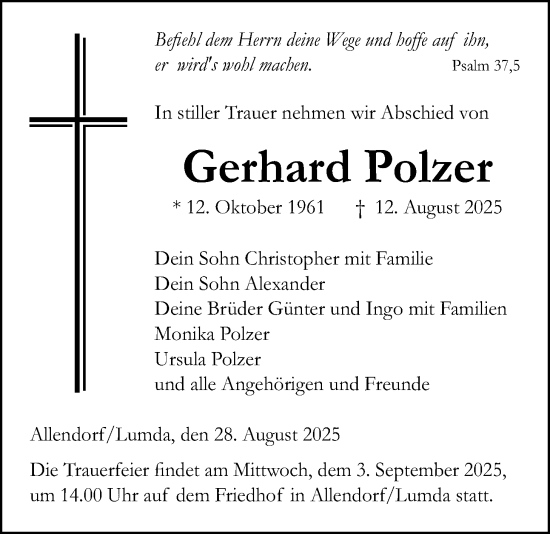 Traueranzeige von Gerhard Polzer von Allendorfer Mitteilungen