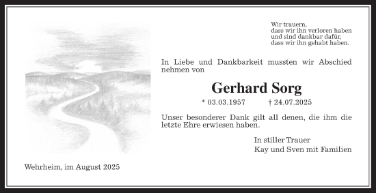 Traueranzeige von Gerhard Sorg von Usinger Anzeiger