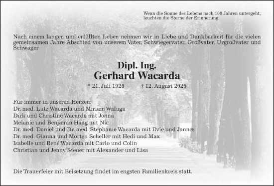 Traueranzeige von Gerhard Wacarda von Giessener Allgemeine, Alsfelder Allgemeine, Laubacher Anzeiger