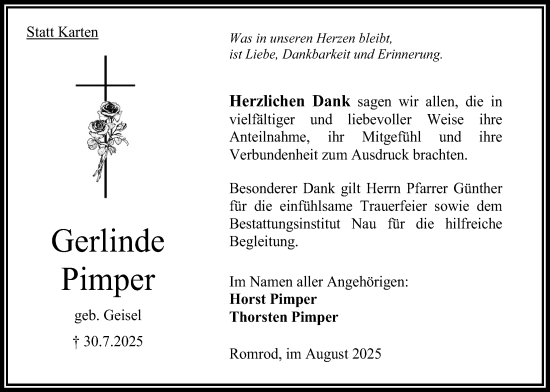 Traueranzeige von Gerlinde Pimper von Oberhessische Zeitung