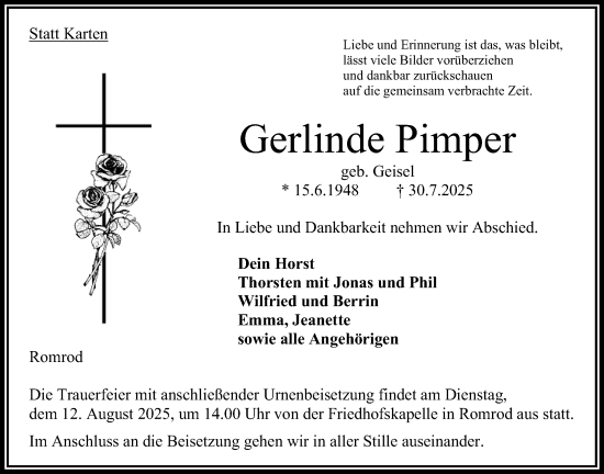 Traueranzeige von Gerlinde Pimper von Oberhessische Zeitung